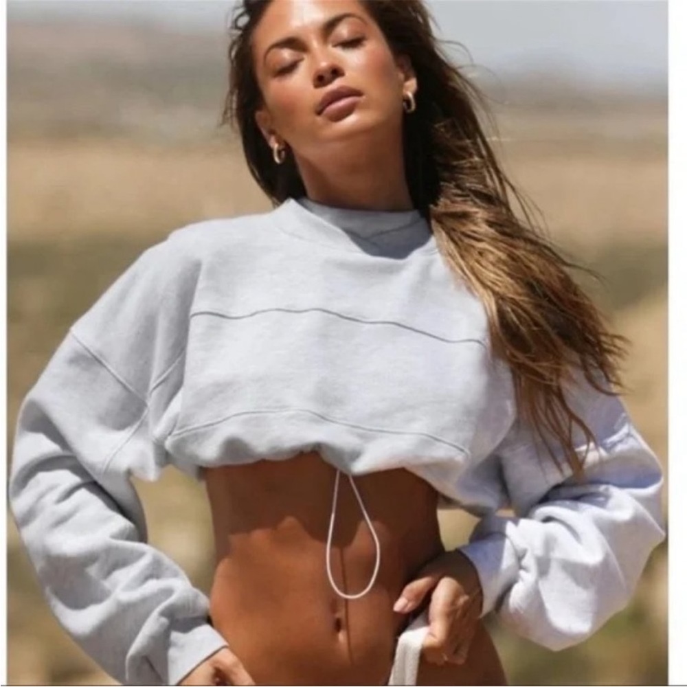 Joah Brown Draw Cord Crop Crew Neck Pullover Sweatshirt Gray